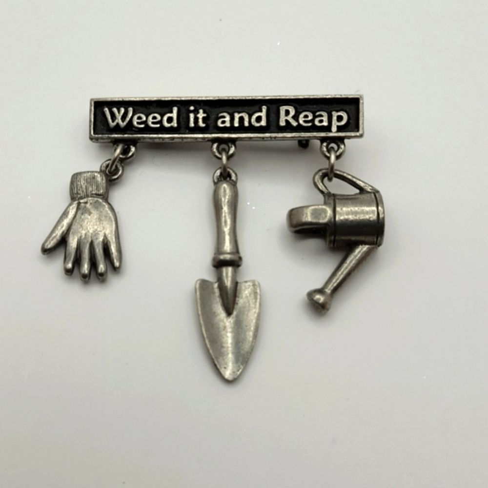Rare Clift pewter "Weed it an Reap" vintage pin/brooch